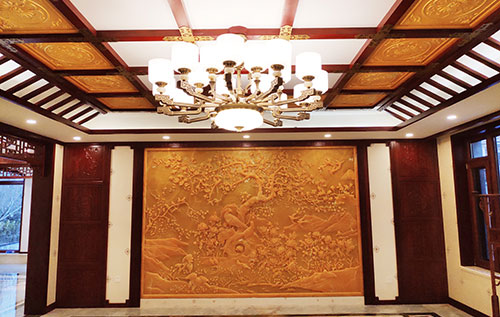 新乡中式别墅客厅中式木作横梁吊顶装饰展示